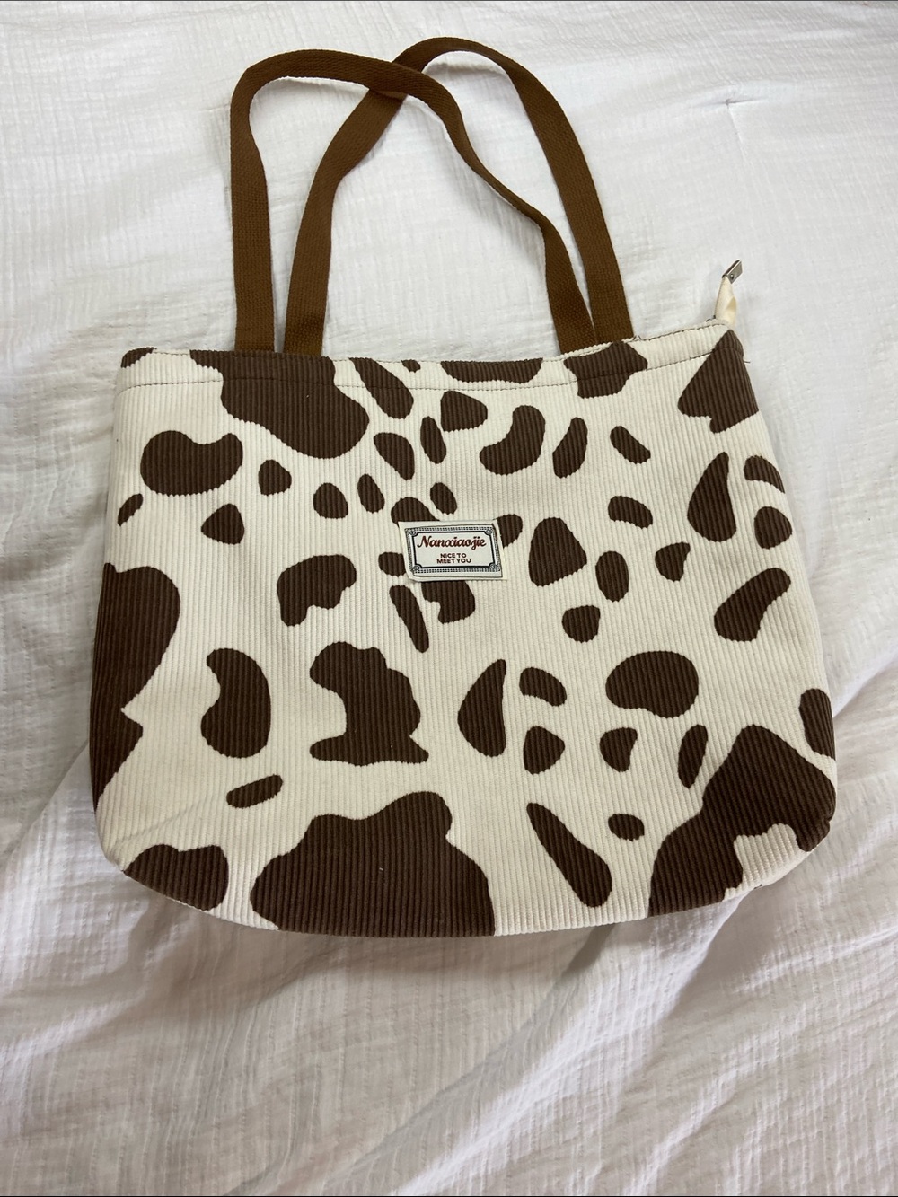 Cowgirl Cow Print Corduroy Canvas Tote Bag in Brown and Cream